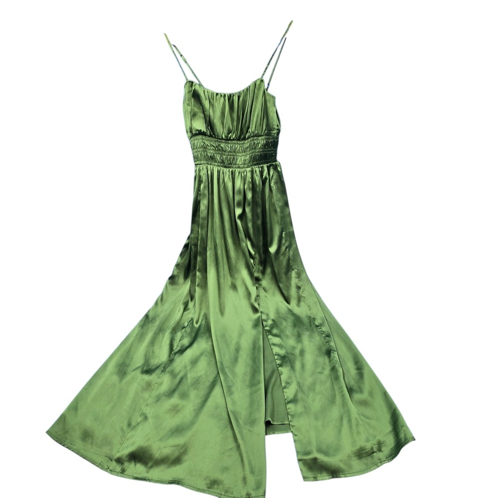 Abercrombie & Fitch‎ Olive Green Satin Smocked Maxi Dress Slit Formal M Medium